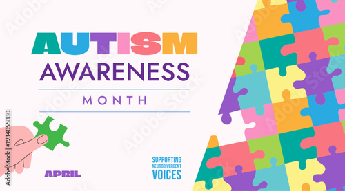 Autism awareness month horizontal  banner  neurodiversity , social issues, copy space, template , web, creative vector illustration