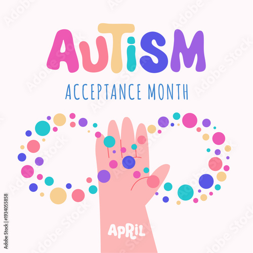 Autism acceptance month square poster, social issues, infinity symbol, neurodiversity, template background, vector