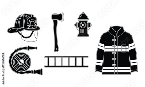 Firefighter Equipment Set Icons on White Background