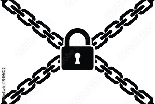 Chain lock silhouette, security restriction, padlock symbol, access control, privacy protection, confinement concept, cybersecurity illustration, locked design, cad drawing flat vector illustration