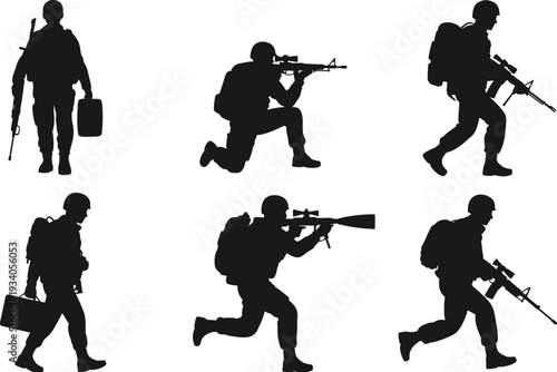 Armed soldier silhouettes, military personnel action poses, tactical combat positions, rifle gear, backpack equipment, defense illustration, cad drawing flat vector illustration