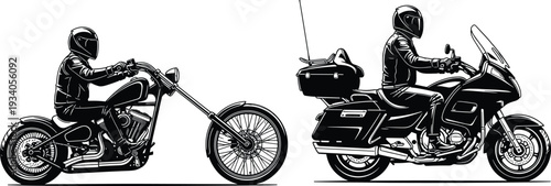 Chopper motorcycle and touring bike riders, helmet safety gear illustration, custom style versus comfort travel concept, vector silhouette art, cad drawing flat vector illustration