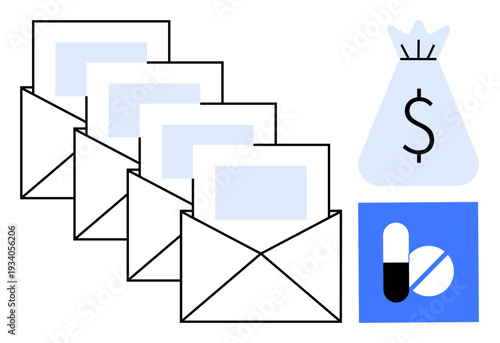 Four envelopes representing communication, a money bag symbolizing wealth, and pill graphics depicting pharmaceutical themes. Ideal for concepts of finance, health, communication, business, industry