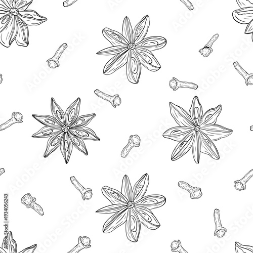 Star anise, dry cloves. Monochrome botanical seamless pattern drawing of fragrant herbs and spices. Graphic ink vector. Good for decoration of cooking, menu, decor, stickers