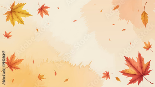 Watercolor Autumn Maple Leaves Background with Copy Space, Fall Season Foliage Border for Thanksgiving Card and Invitation, Abstract Orange and Yellow Painted Autumnal Nature Illustration, Horizontal 