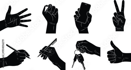Hand gesture silhouettes, human hands vector, communication signs, smartphone holding, writing pen, chopsticks eating, keyring keys, thumbs up, peace sign, cad drawing flat vector illustration