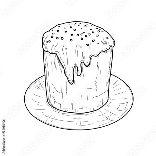 Sweet paska with glaze on a plate, hand-drawn sketch. Vector illustration. Sweet flour pastry, Easter cake isolated on a white background. Hand drawn, Not AI
