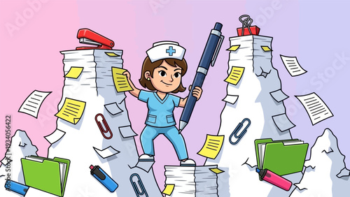 Cartoon Nurse Conquers Paperwork Mountain Illustration. Healthcare Administration, Documentation Overload, Medical Records Bureaucracy.