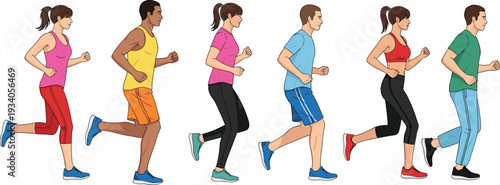 Jogging runner silhouettes, fitness exercise group, athletic motion, casual sportswear, outdoor activity, health lifestyle, running stride illustration, cad drawing flat vector illustration