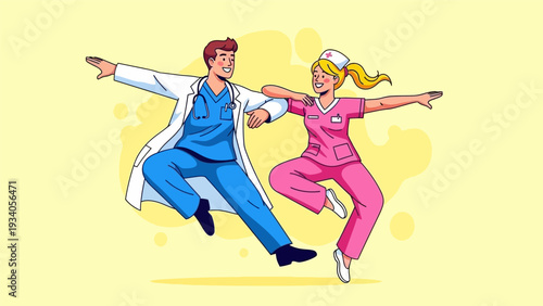 Happy Doctor and Nurse Celebrating Success. Joyful Healthcare Team Dancing and Jumping with Happiness. Cartoon Illustration of Medical Professionals.