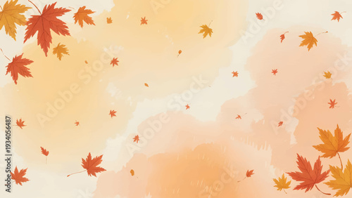 Watercolor Autumn Leaves Background with Central Copy Space, Fall Maple Foliage Border for Thanksgiving Card Design, Abstract Orange and Gold Painted Autumnal Nature Illustration, Horizontal Fall Bann
