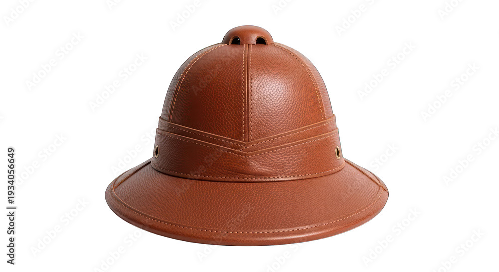 Fototapeta premium Tan leather pith helmet with peak, front vent detail, on white