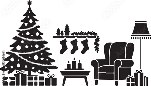 Christmas living room scene with tree presents and stockings