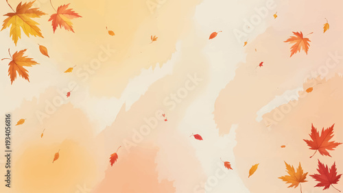 Watercolor Autumn Maple Leaves Background with Copy Space, Fall Season Foliage Border for Thanksgiving Card and Invitation, Abstract Orange and Yellow Painted Autumnal Nature Illustration, Horizontal 