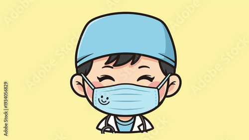 Kawaii Doctor Character Smiling Behind Surgical Mask and Cap. Friendly Healthcare Worker Mascot Illustration.
