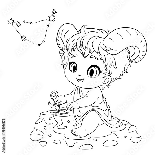 Cute Capricorn zodiac baby planting sprout, black and white cartoon line art illustration for coloring