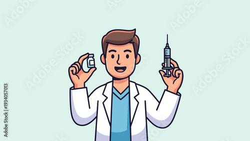 Friendly Doctor Holding Vaccine Vial and Syringe. Medical Professional Ready for Immunization Treatment and Health Prevention. Modern Vector Illustration.