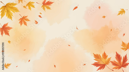 Autumn maple leaves falling on watercolor background, Minimalist fall foliage border with orange maple leaves, Golden autumn leaves background for thanksgiving and harvest, Creative watercolor autumn 
