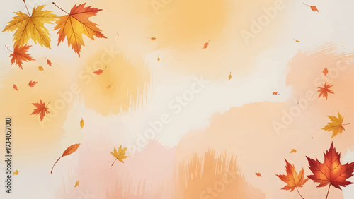 Golden autumn maple leaves on warm watercolor background, Abstract fall foliage border with artistic watercolor texture, Soft watercolor autumn background with falling maple leaves, Autumnal nature 