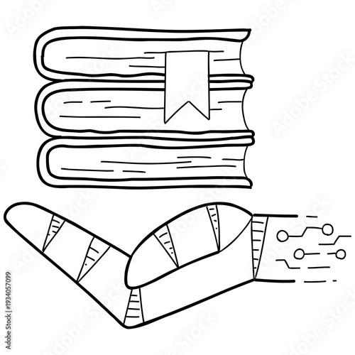 Book education learning library knowledge technology ai agent concept with line art stack and open book circuit design for online study research and smart tutoring
