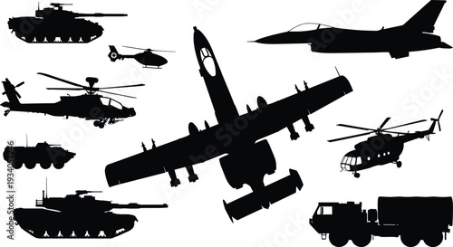 military vehicle silhouette collection, army tanks helicopters fighter jets, combat aircraft transport truck set, modern war equipment vector