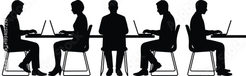 office workers silhouette set, people working on laptop at desk, business teamwork workspace, corporate office scene vector