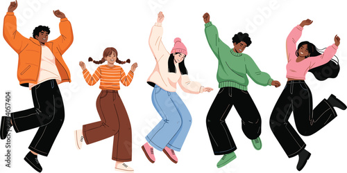 Group of diverse happy young people jumping and celebrating together