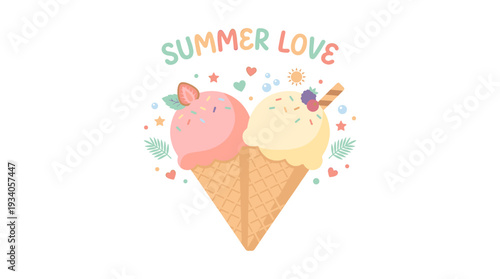 Sweet vector illustration featuring two ice cream scoops in waffle cones, creatively shaped as a heart, evoking joyful summer love and delightful warm weather dessert vibes
