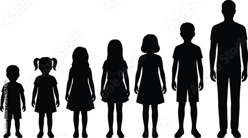 human growth stages silhouette, child to adult height progression, boys and girls development timeline, people age stages vector