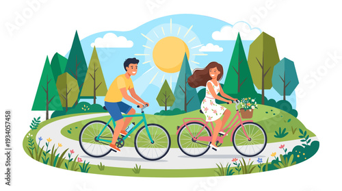 Joyful couple cycling through a vibrant sunny park landscape, enjoying an active outdoor lifestyle and summer fun, beautifully rendered as a modern flat vector illustration graphic