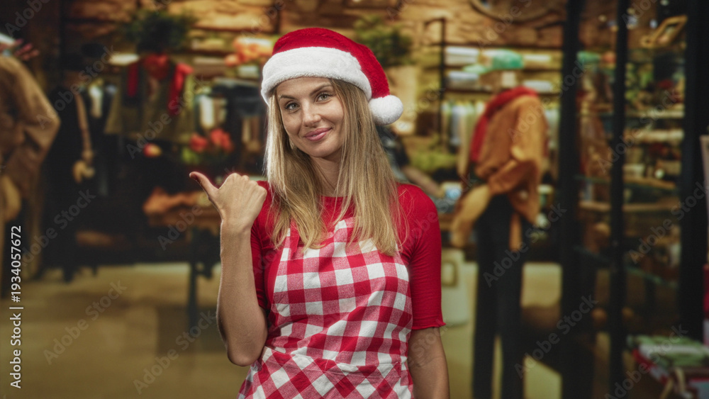 Fototapeta premium Blonde woman in gingham apron and santa hat points thumb to clothing racks and mannequins inside building while smiling, holiday shop scene; festive cheer.