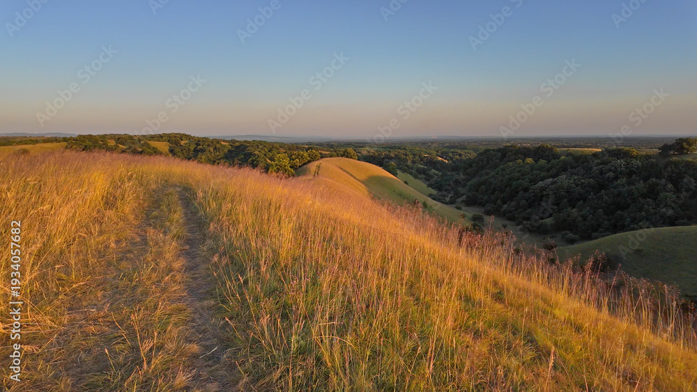 Fototapeta premium Tranquil sunny summer landscape with green fields and hills in south-eastern Europe, Serbia.