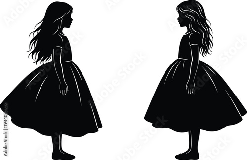 Black and white silhouette of two little girls in dresses facing each other, minimalist childhood friendship concept illustration