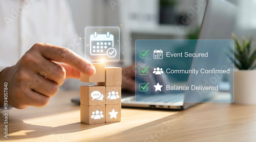 Hand stacking wooden blocks with calendar icon and checklist on transparent screen in office setting with laptop and plant