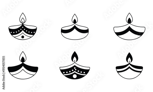 Diya Lamp Icons Set for Diwali Festival and Indian Celebrations