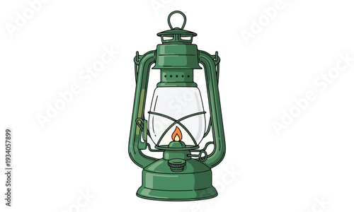 Green Vintage Kerosene Oil Lamp with Lit Flame on White Background
