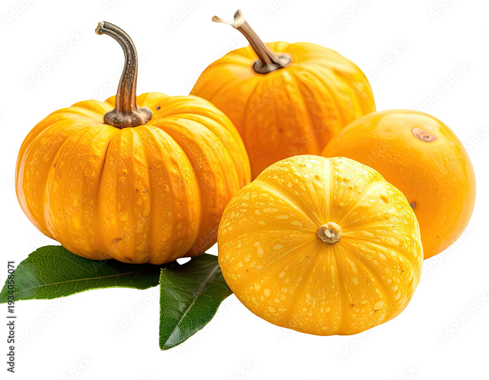 Fototapeta premium A bountiful autumn arrangement of small, vibrant orange and yellow gourds