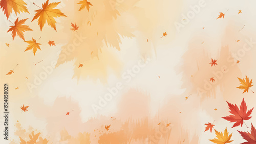 Autumn Watercolor Background with Falling Maple Leaves, Soft Orange Fall Foliage Border Template for Greeting Cards, Abstract Autumnal Leaf Background with Artistic Watercolor Wash, Seasonal Maple Lea
