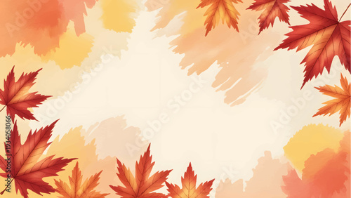 Autumn Watercolor Background with Red Maple Leaf Border, Fall Season Foliage Frame Template with Copy Space, Orange and Yellow Autumnal Leaves on Watercolor Texture, Vivid Maple Leaf Illustration for 