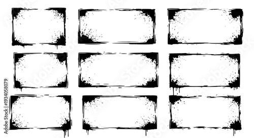 Frames grunge set with black distressed edges and splatters for text or images featuring borders, rectangles, white