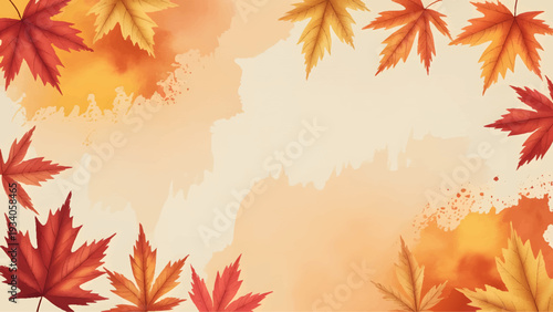 Autumn Watercolor Background with Red and Gold Maple Leaves, Fall Season Foliage Border Template with Copy Space for Text, Artistic Autumnal Background with Painted Leaves and Watercolor Wash, Vibrant