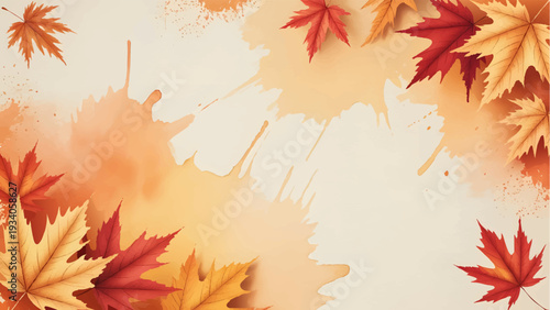 Autumn Maple Leaf Watercolor Background with Copy Space, Fall Foliage Border with Orange Paint Splatter Texture, Abstract Autumnal Leaves Vector Frame for Thanksgiving, Seasonal Nature Background with