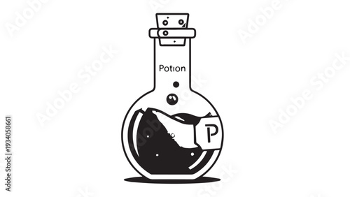 Cartoon style illustration of a glass potion bottle with bubbling liquid and label.
