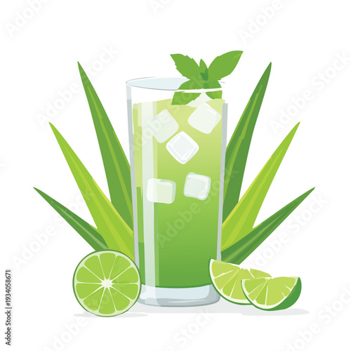 Refreshing green drink with ice lime and mint illustration