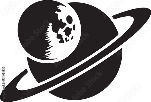Black and white planet with rings and cratered surface