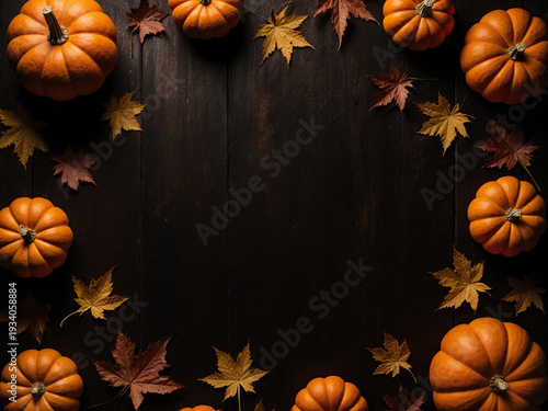 Wallpaper Mural Orange pumpkins surround a collection of colorful autumn leaves on a dark wooden backdrop, showcasing the beauty of fall and seasonal celebrations Generative AI Torontodigital.ca