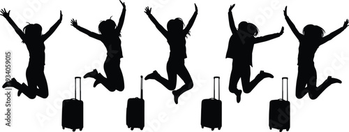 Happy woman jumping with suitcase silhouette, travel vacation concept isolated black female tourist with luggage on white background