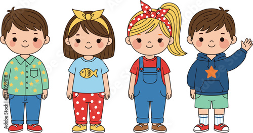 Set of cute diverse children characters in colorful casual outfits