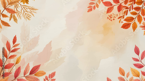 Autumn Watercolor Leaf Border with Hand Painted Foliage, Fall Botanical Background with Orange Leaves and Copy Space, Elegant Autumnal Frame with Watercolor Branches for Invitations, Seasonal Nature B