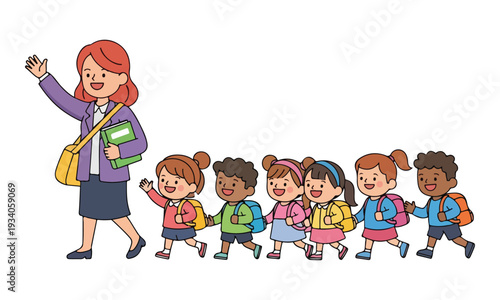 Female Teacher Leading Diverse Schoolchildren in a Line